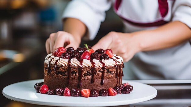 Une cuisinière professionnelle décore habilement de délicieux gâteaux dans une cuisine blanche