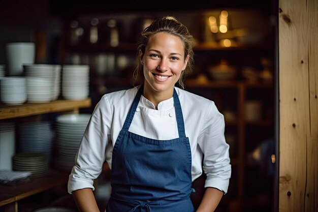 Une cuisinière souriante dans une cuisine.