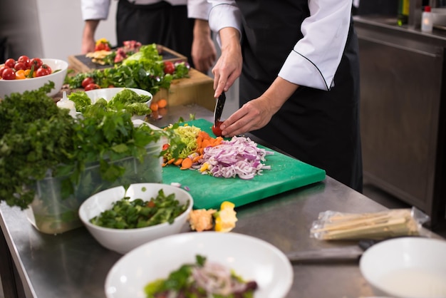 Cuisiniers et chefs d'équipe professionnels préparant des repas dans une cuisine d'hôtel ou de restaurant animée