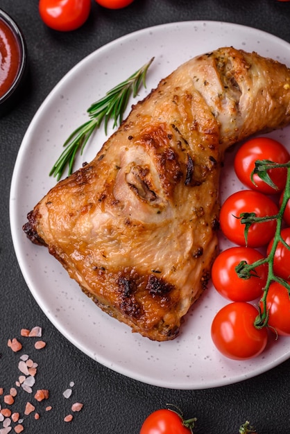 Cuisse de poulet grillée fraîche avec sel, épices et herbes