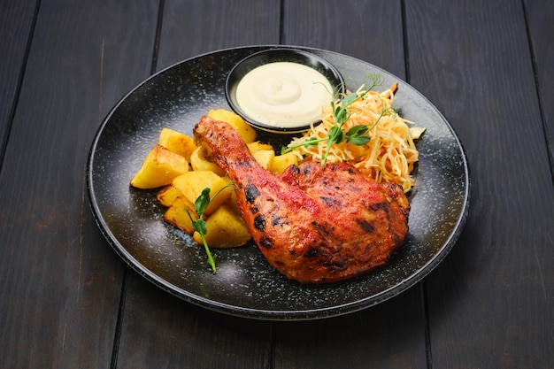 Cuisse de poulet rôtie avec quartiers de pommes de terre et chou mariné