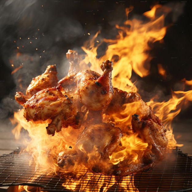 Cuisses et ailes de poulet sur le grill avec flammes