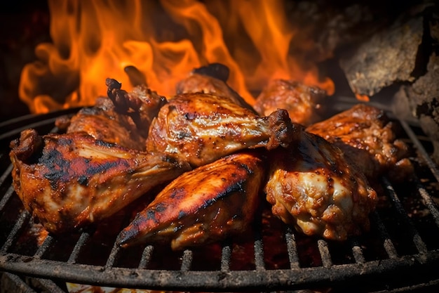 Cuisses et ailes de poulet savoureuses sur le gril avec des flammes de feu Réseau de neurones généré par l'IA