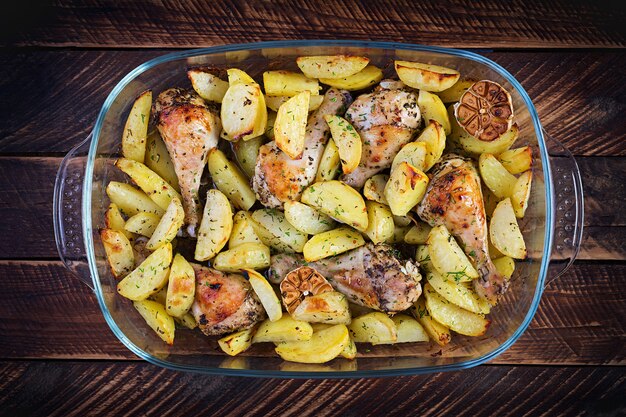 Cuisses de poulet au four avec pommes de terre tranchées et herbes. Pilons de poulet au barbecue. Vue de dessus, frais généraux, espace de copie.