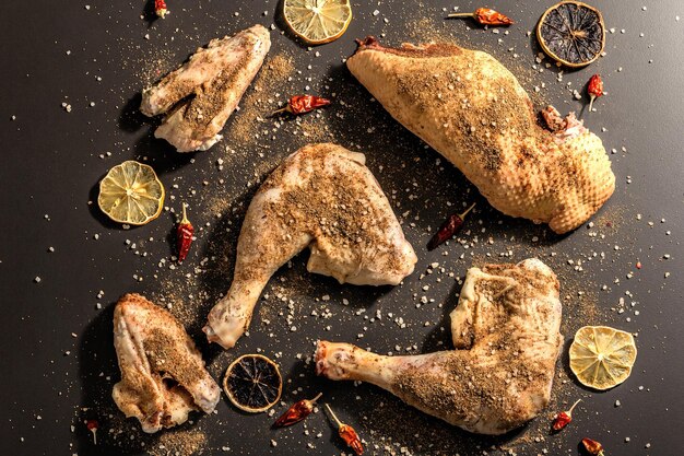 Cuisses de poulet crues aux épices. Un ingrédient utile pour préparer des aliments sains. Fond en pierre noire, lumière dure à la mode, ombre sombre, vue de dessus