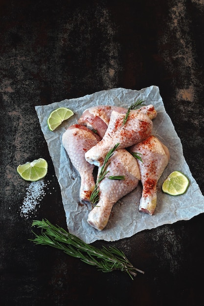 Cuisses de poulet crues aux épices et romarin sur papier.