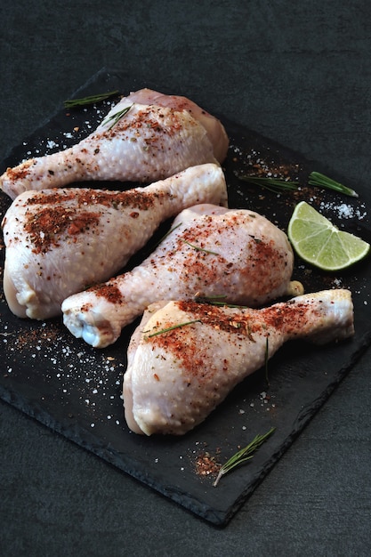 Cuisses de poulet crues marinées aux épices sur une planche en pierre.