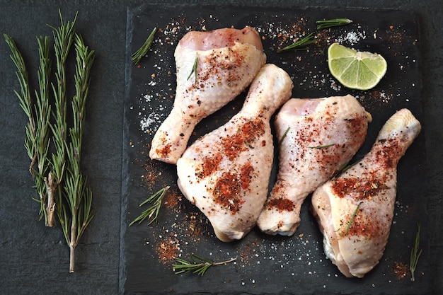 Cuisses de poulet crues marinées sur un tableau de pierre sombre.