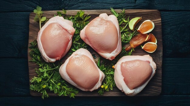 Des cuisses de poulet crues sur la surface en bois sombre