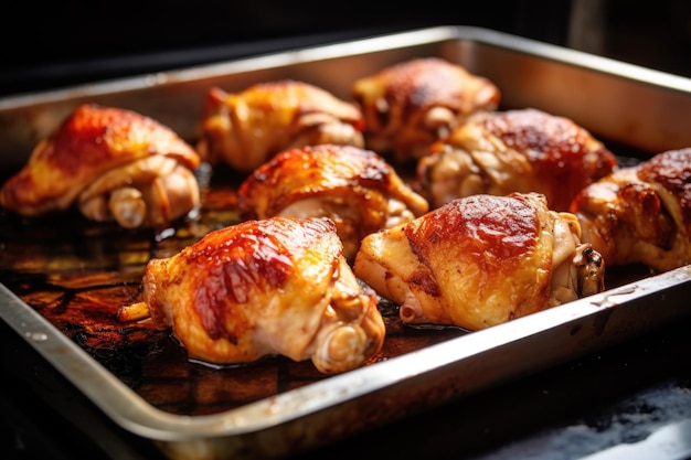 Cuisses de poulet entièrement cuites reposant sur une plaque à rôtir