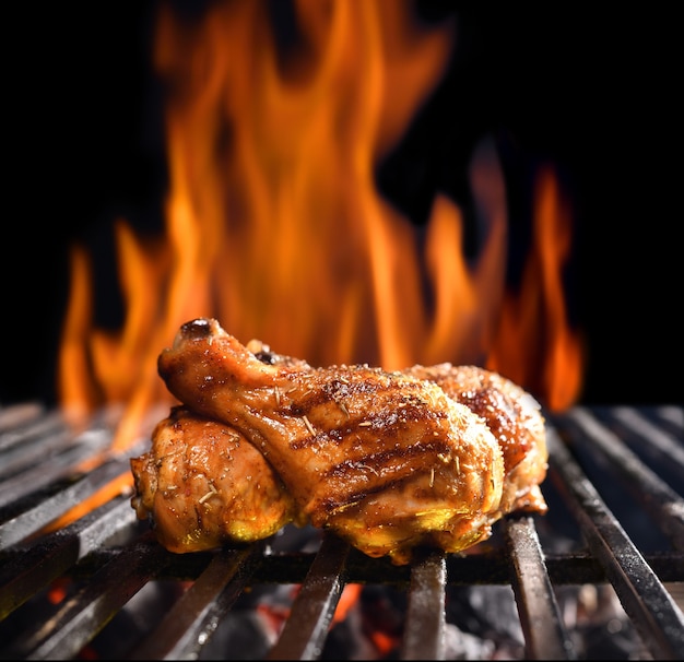 Cuisses de poulet grillées sur le gril enflammé