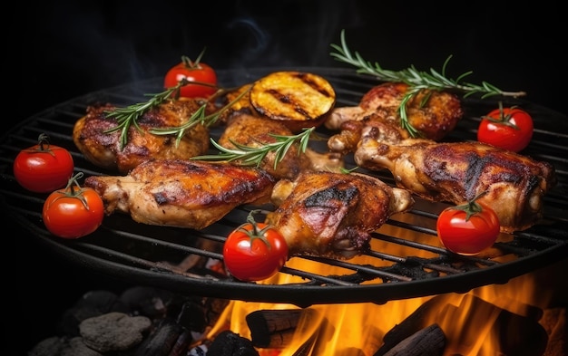 Cuisses de poulet grillées sur le gril flamboyant avec légumes grillés aux tomates AI générative