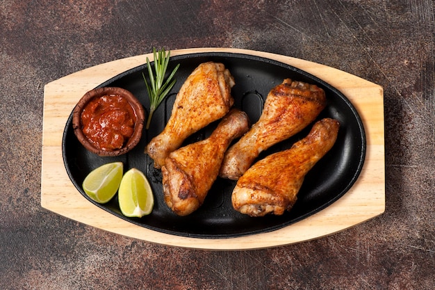 Cuisses de poulet grillées rôties avec sauce épicée sur une texture brune rouillée