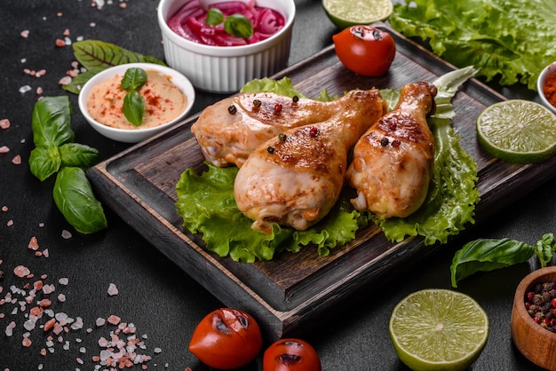 Cuisses de poulet grillées savoureuses avec des épices et des herbes sur une planche de bois sur une table sombre. Nourriture cuite sur le feu