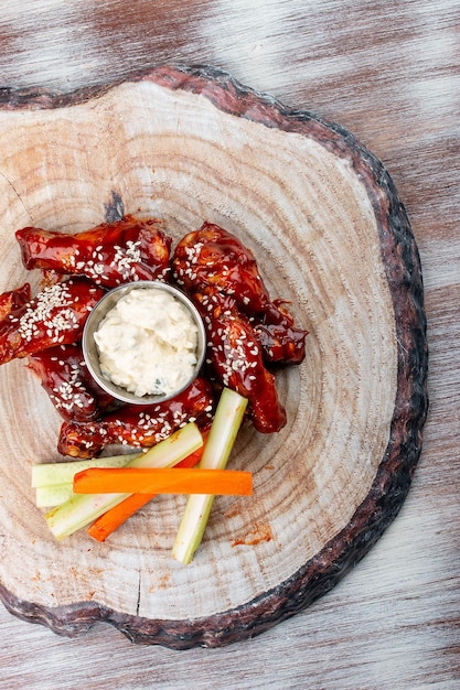 Cuisses de poulet sauce barbecue avec légumes frais et sauce tartare