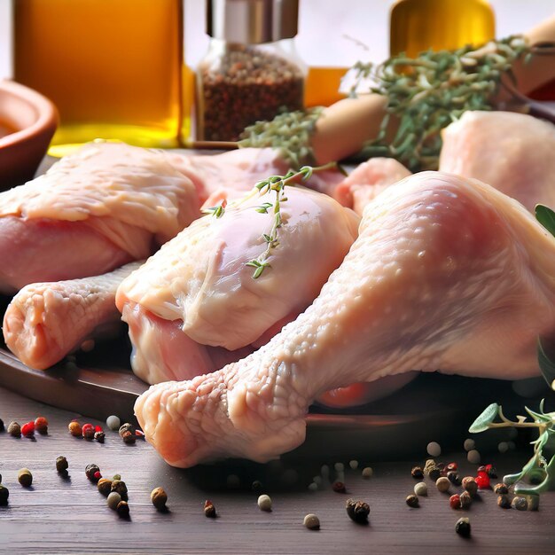 Cuisses de viande de poulet cru avec des herbes d'épices et de l'huile d'olive sur une table en bois