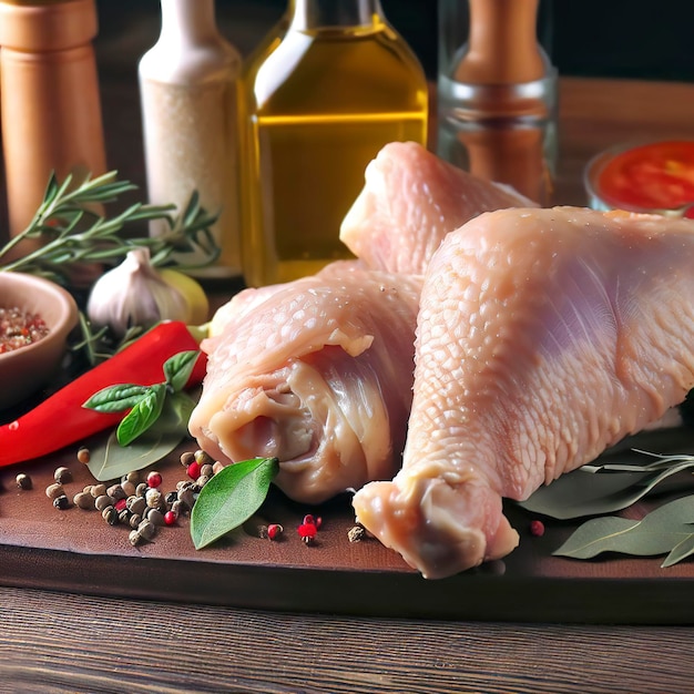 Cuisses de viande de poulet cru avec des herbes d'épices et de l'huile d'olive sur une table en bois