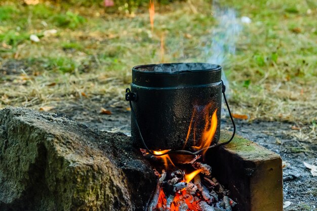 Cuisson des aliments dans une bouilloire sur feu de forêt en forêt