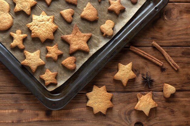 Cuisson des biscuits au pain d'épice sur une plaque à pâtisserie