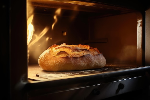 Cuisson du pain au four avec croûte dorée et intérieur chaud visible créé avec ai générative