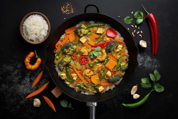 Cuisson du riz sauté asiatique avec des légumes vue de dessus copie espace