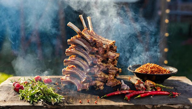 Photo cuisson frais de viande d'agneau avec fumée et flammes concept de barbecue viande fraîche coupe crue générer