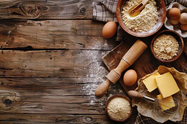 Cuisson de gâteaux de cuisine rurale avec des ingrédients rustiques et un rouleau