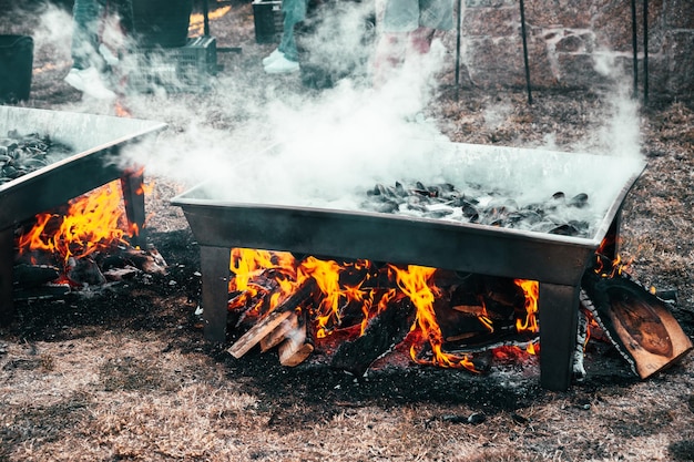 Photo cuisson des moules sur un grand feu de joie