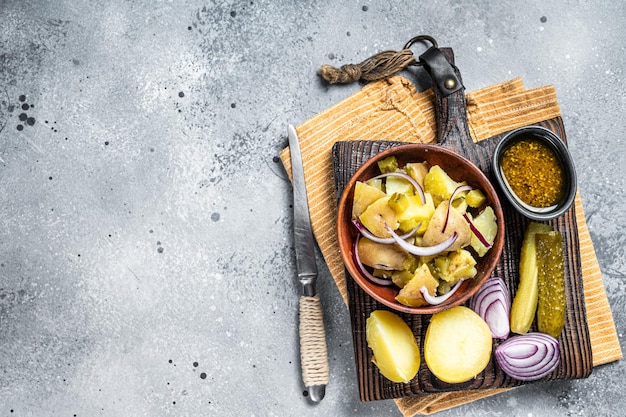 Cuisson Salade de pommes de terre allemande traditionnelle Kartoffelsalat Fond gris Vue de dessus Espace de copie