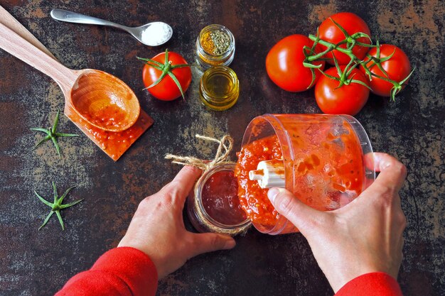 Cuisson de la sauce tomate maison. Tomates et épices. Des mains féminines en manches longues rouges versent de la sauce tomate fraîchement préparée dans un bol à mélanger dans un bocal en verre.