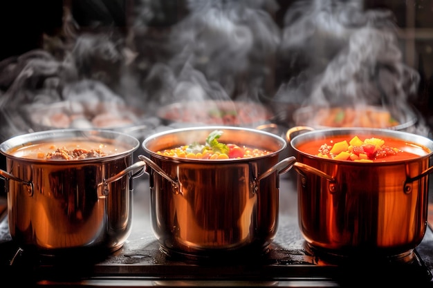 Photo cuisson à la vapeur de délicieux repas faits maison cuisson sur le poêle dans des ustensiles de cuisson en cuivre