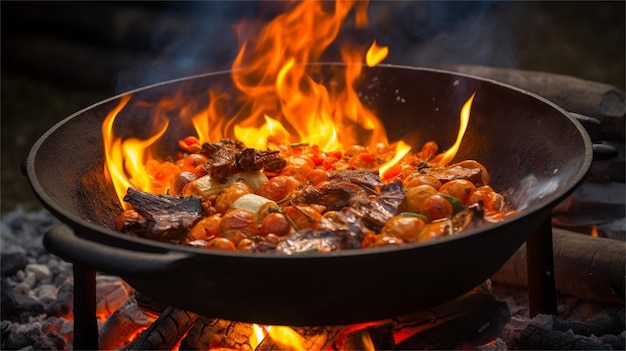 Cuisson de la viande dans un chaudron sur un feu de camp Closeup