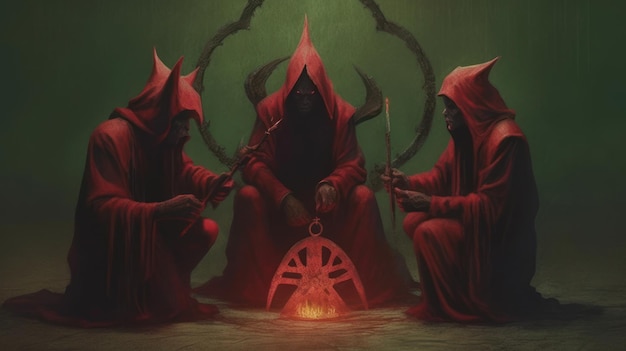 un culte satanique effectue un rituel devant un pentagramme