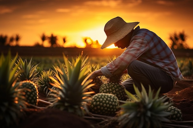 Un cultivateur d'ananas examine les feuilles pour détecter les signes de maladie.