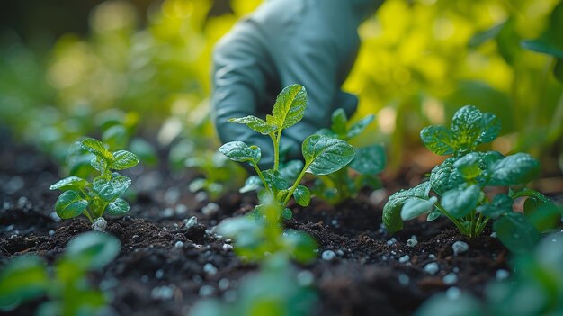 Cultivation de légumes dans le jardin avec l'aide d'un jardinier portant des gants Le jardinier prépare le sol pour planter les semis