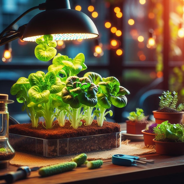 Photo culture de légumes à l'aide d'une phytolamp isolée sur le fond de la pièce d'accueil