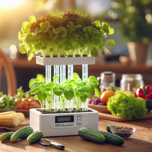 Photo culture de légumes à l'aide d'une phytolamp isolée sur le fond de la pièce d'accueil