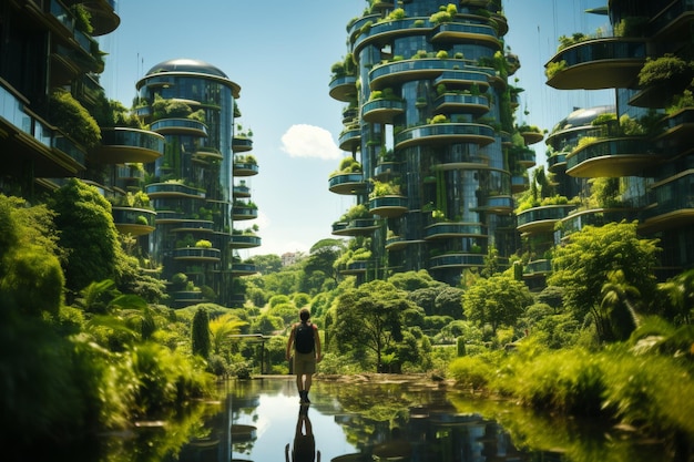 Photo la culture verticale futuriste de la tomate en milieu urbain avec des technologies avancées et des bâtiments de grande hauteur