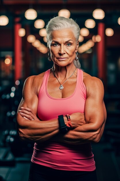 Une culturiste âgée pose pour une photo avec les bras croisés au gymnase.