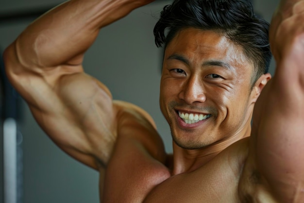 Un culturiste asiatique musclé fléchissant les biceps avec un sourire confiant