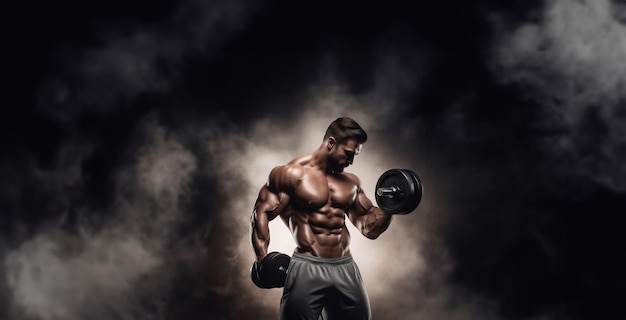 Photo un culturiste masculin avec un torse nu avec des haltères s'entraînant dans un gymnase sombre