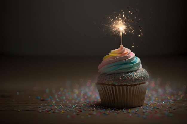 Cupcake d'anniversaire arc-en-ciel pastel avec cierge magique