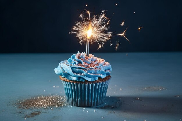 Cupcake d'anniversaire bleu avec cierge magique sur fond bleu