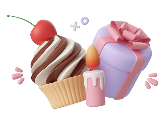 Cupcake d'anniversaire et boîte cadeau pour la fête de fête Joyeux anniversaire illustration 3d