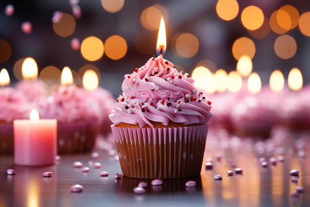 Cupcake d'anniversaire illuminé de bougies vibrantes ruban rose cadeau festif et réconfortant