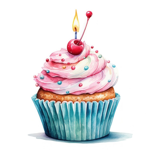 cupcake d'anniversaire vif aquarelle avec bougie isolée