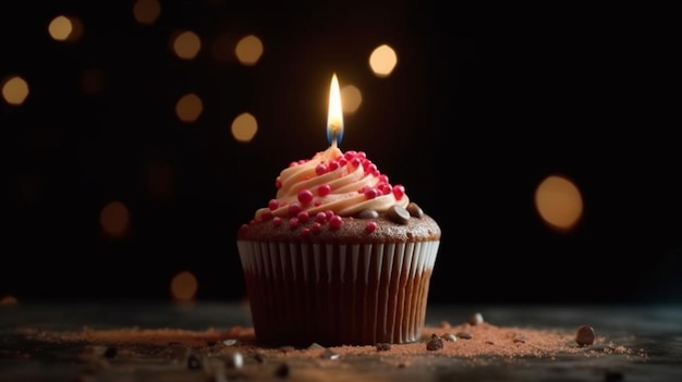 Cupcake appétissant avec une bougie d'anniversaire invitant votre message spécial