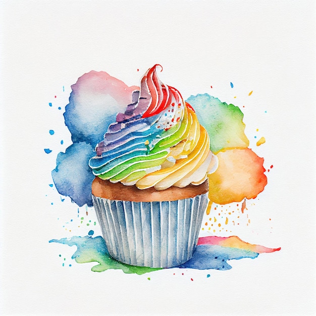 Cupcake aquarelle arc-en-ciel coloré sur fond blanc Illustration