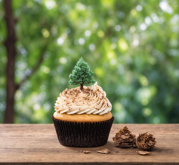 Cupcake avec arbre de Noël sur une table en bois et un fond bokeh