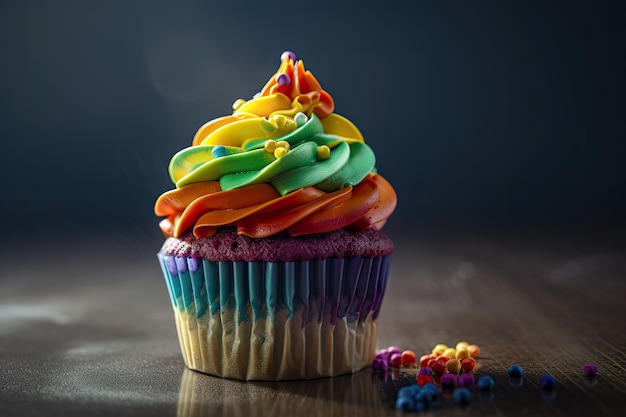 Cupcake arc-en-ciel avec pépites sur table en bois Ai générative